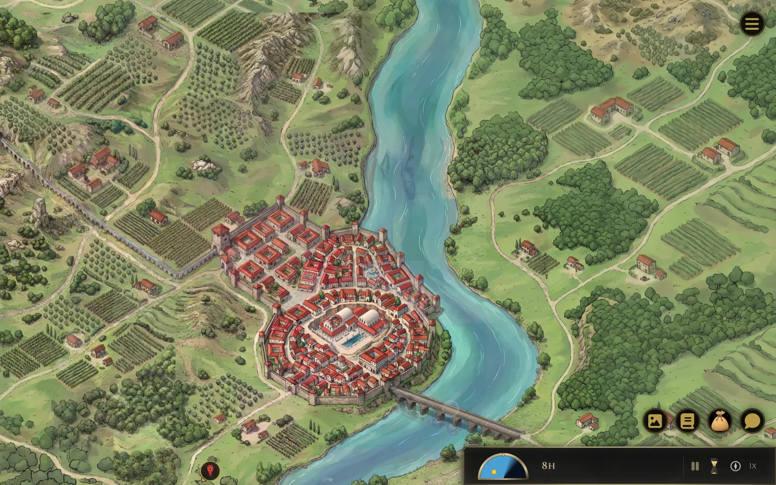 The painted map: a walled town on a river, among farms and vineyards
